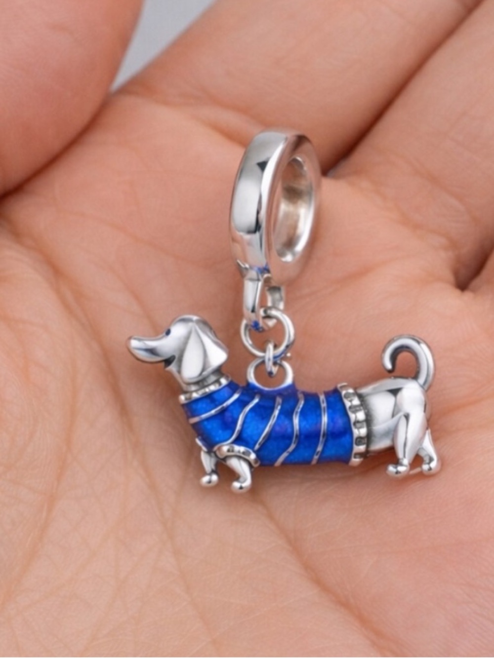 NWT 925 Sterling Silver Dachshund Charm Blue Enamel Dog Bead for Bracelet - Picture 2 of 5